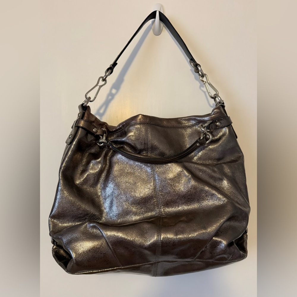 Coach Brooke Hobo Bag pewter-colored metallic leather shoulder bag